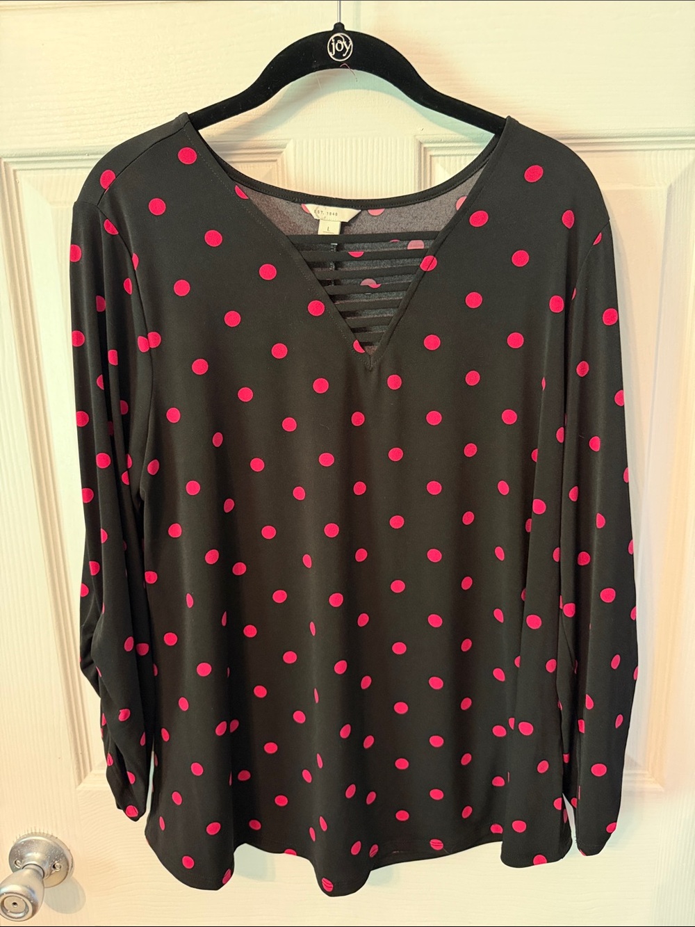 Cato Black Long-Sleeve Top with Hot Pink Polka Dots